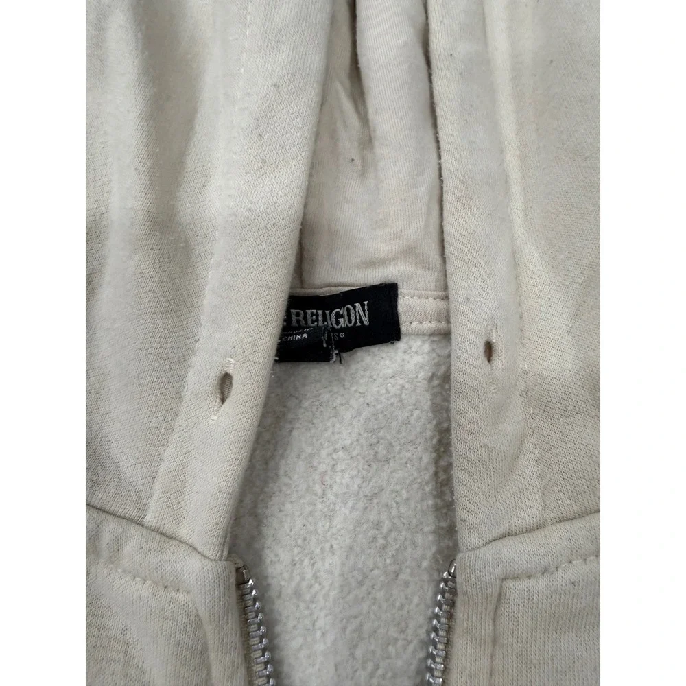 True Religion Mens Zip Up Hoodie Cream Off White Horseshoe Logo XL Sweatshirt